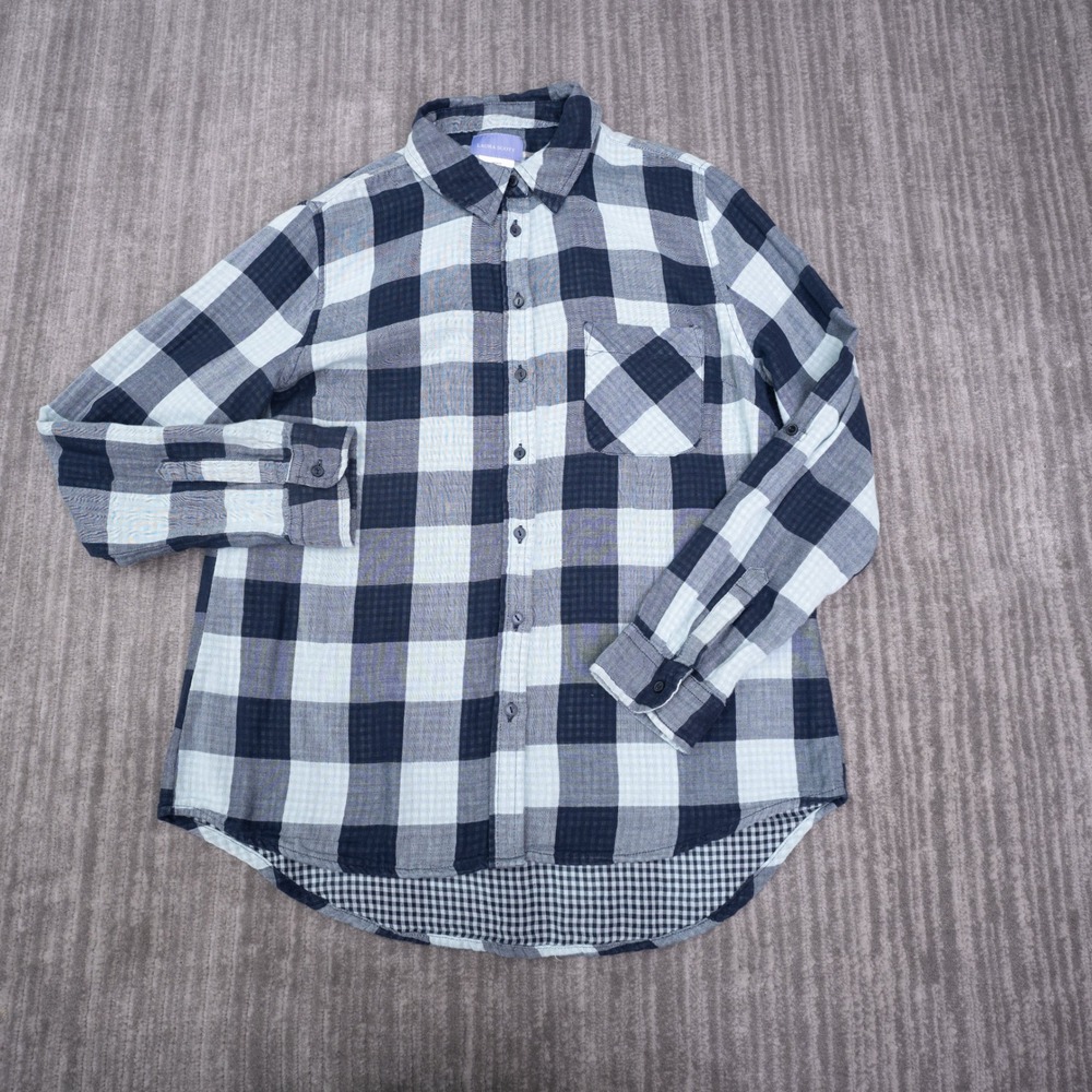 Laura Scott Button Up Shirt Womens L Blue Good Plaid Cotton Long Sleeve
